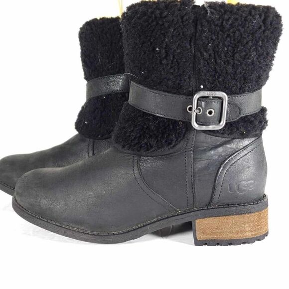 UGG Women's Blayre II US 6 Black Leather Side Zip Belted Shearling Boots - Picture 2 of 12